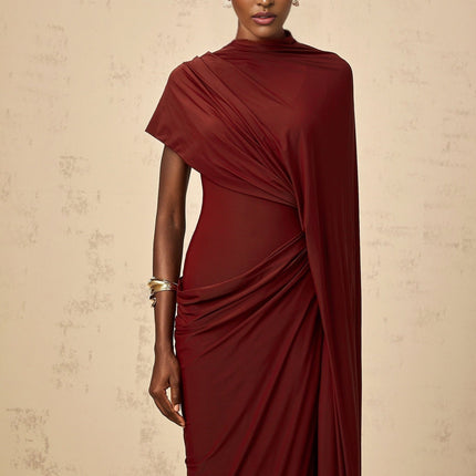 Benedetta Red Cape Dress Set Elegant Asymmetrical Silhouette Stretch Fabric Luxurious Blend Terylene Elastane Modern Luxury Refined Style