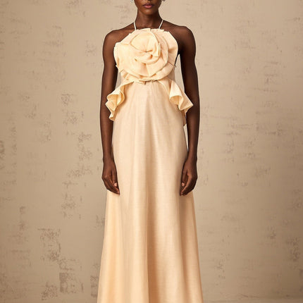 Benedetta Salmon Pink Maxi Dress with Halterneck Design and Ruffled Detailing