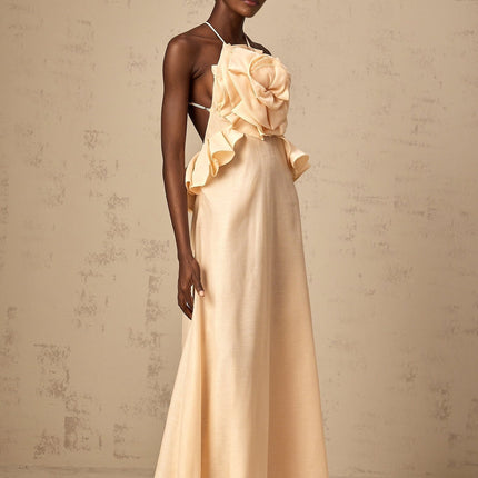 Benedetta Salmon Pink Halterneck Maxi Dress with Ruffled Detailing and Crystal Embellishments