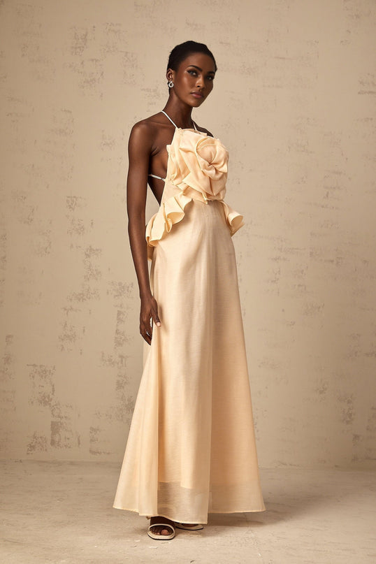 Benedetta Salmon Pink Halterneck Maxi Dress with Ruffled Detailing and Crystal Embellishments