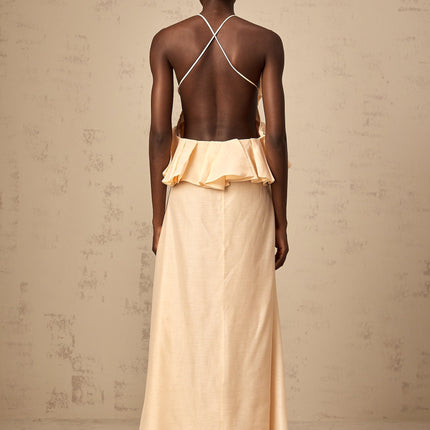 Benedetta Salmon Pink Maxi Dress with Halterneck Design and Ruffled Detailing