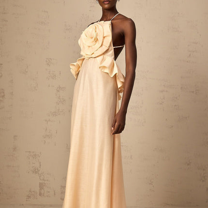 Benedetta Salmon Pink Halterneck Maxi Dress with Ruffled Detailing and Crystal Embellishments