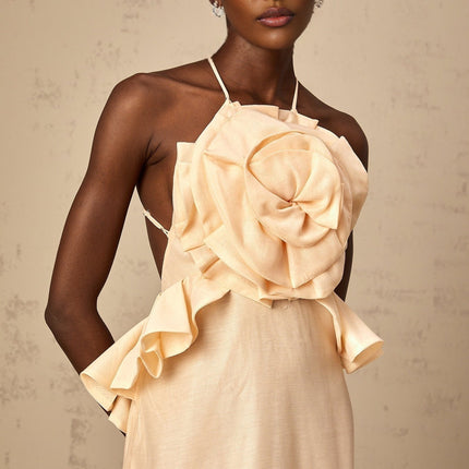 Benedetta Salmon Pink Maxi Dress with Halterneck Design and Ruffled Detailing