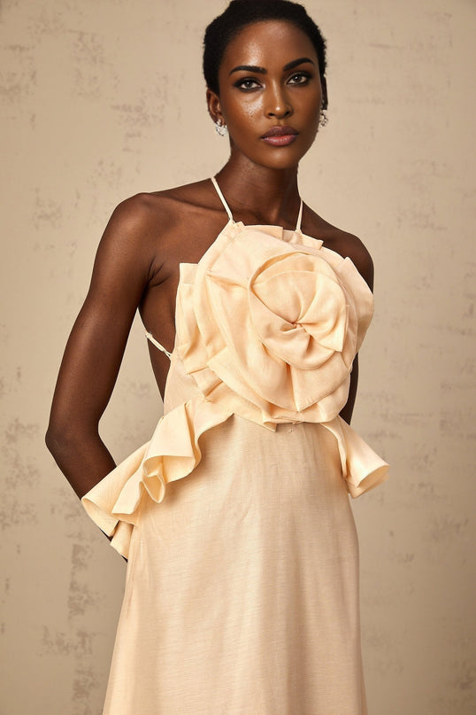 Benedetta Salmon Pink Maxi Dress with Halterneck Design and Ruffled Detailing
