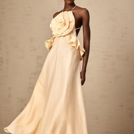 Benedetta Salmon Pink Halterneck Maxi Dress with Ruffled Detailing and Crystal Embellishments