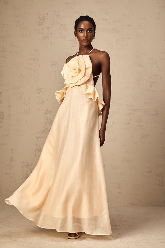 Benedetta Salmon Pink Halterneck Maxi Dress with Ruffled Detailing and Crystal Embellishments