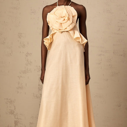 Benedetta Salmon Pink Maxi Dress with Halterneck Design and Open Back