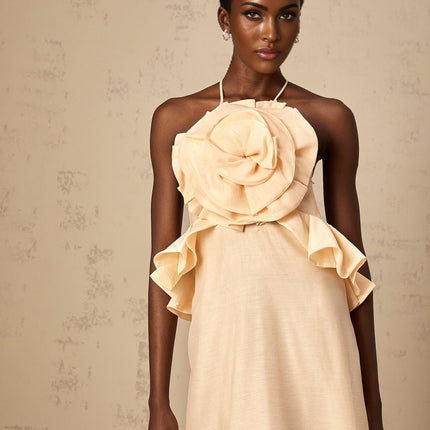 Benedetta Salmon Pink Maxi Dress with Halterneck Design and Ruffled Detailing