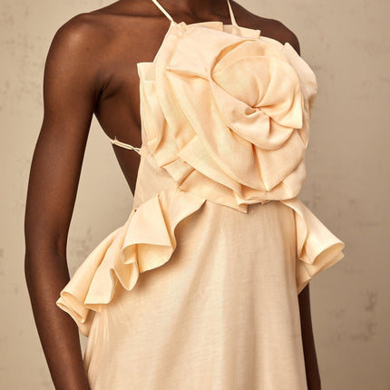 Benedetta Salmon Pink Maxi Dress with Halterneck Design and Ruffled Detailing