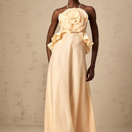 Benedetta Salmon Pink Maxi Dress with Halterneck Design and Ruffled Detailing