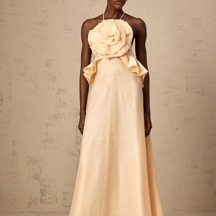 Benedetta Salmon Pink Maxi Dress with Halterneck Design and Ruffled Detailing