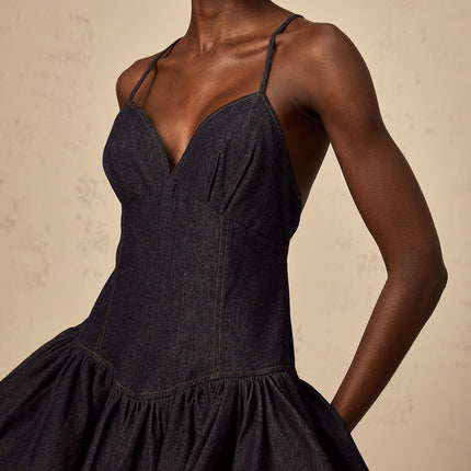 Beppina Dark Blue Mini Dress with V-Neck and Flounce Hem in Denim Fabric