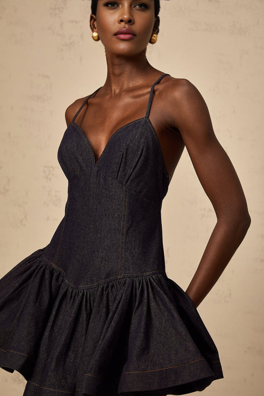 Beppina Dark Blue Mini Dress with V-Neck and Flounce Hem in Denim Fabric