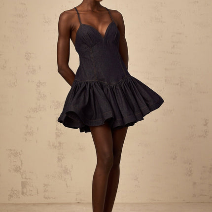 Beppina Dark Blue Mini Dress V-neck Flounce Hem Denim Contrast Stitching Cross-over Straps Rear Zip Sleeveless Thigh-length