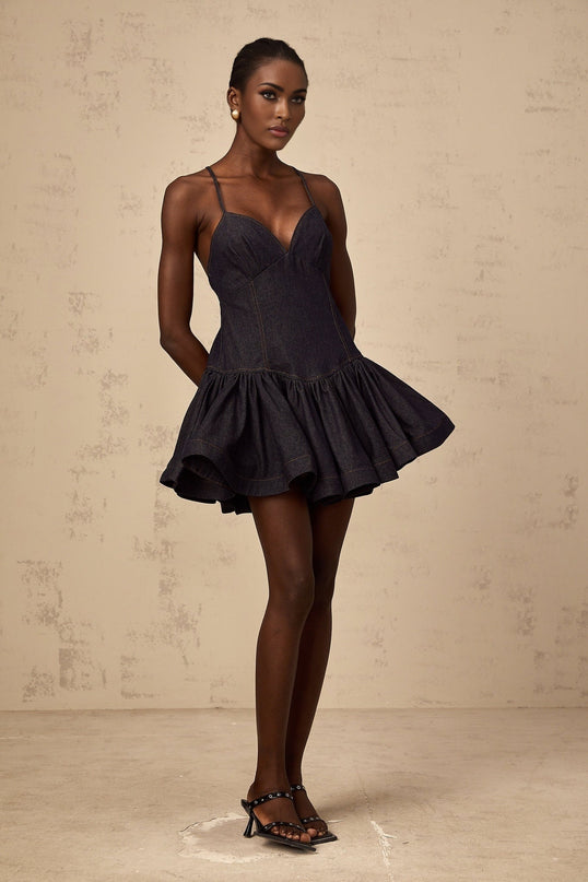 Beppina Dark Blue Mini Dress V-neck Flounce Hem Denim Contrast Stitching Cross-over Straps Rear Zip Sleeveless Thigh-length