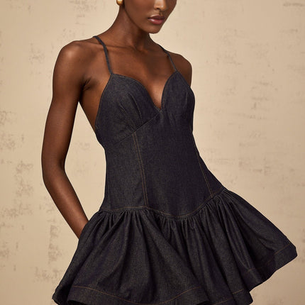 Beppina Dark Blue Mini Dress V-neck Flounce Hem Denim Fabric Contrast Stitching Cross-over Straps Chic Rear Zip Sleeveless Thigh-length 95% Cotton 5% Spandex