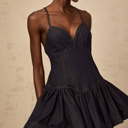 Beppina Dark Blue Mini Dress V-neck Flounce Hem Denim Contrast Stitching Cross-over Straps Rear Zip Fastening Sleeveless Thigh-length