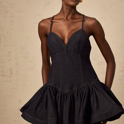 Beppina Dark Blue Mini Dress V-Neck Flounce Hem Denim Fabric Contrast Stitching Cross-Over Straps Sleeveless Rear Zip Fastening Thigh-Length