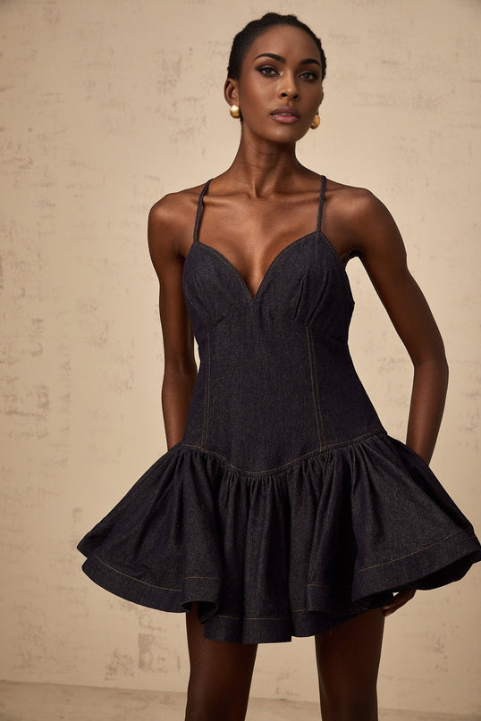 Beppina Dark Blue Mini Dress V-Neck Flounce Hem Denim Fabric Contrast Stitching Cross-Over Straps Sleeveless Rear Zip Fastening Thigh-Length