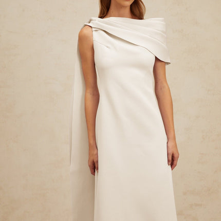 Beppina Maxi Dress in White with One-Shoulder Silhouette and Cape Design