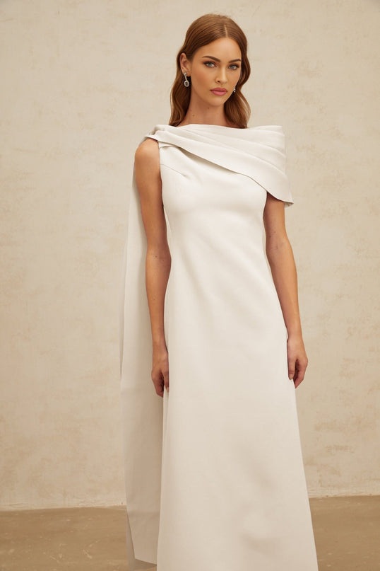 Beppina Maxi Dress in White with One-Shoulder Silhouette and Cape Design