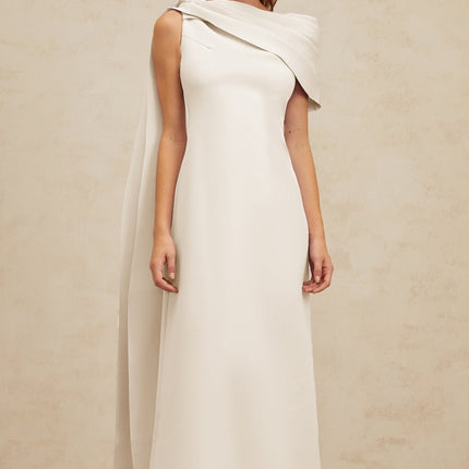 Beppina Maxi Dress White One-Shoulder Cape Ruched Fitted Waistline Rear Slit Zip Fastening Sleeveless Elegant Glamorous