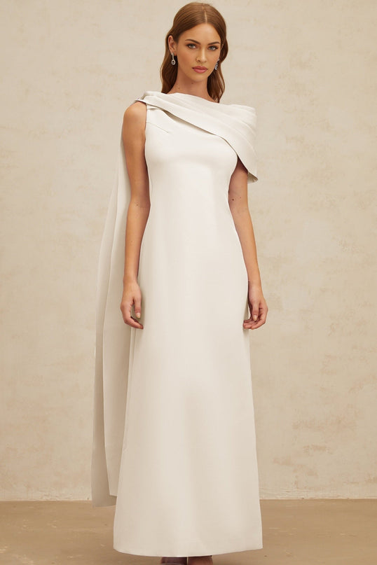 Beppina Maxi Dress White One-Shoulder Cape Ruched Fitted Waistline Rear Slit Zip Fastening Sleeveless Elegant Glamorous