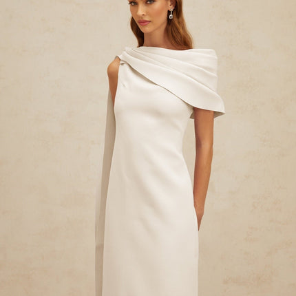 Beppina Maxi Dress White One Shoulder Cape Ruched Fitted Waistline Rear Slit Zip Fastening Sleeveless Elegant Special Occasions Glamour