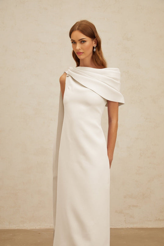 Beppina Maxi Dress White One Shoulder Cape Ruched Fitted Waistline Rear Slit Zip Fastening Sleeveless Elegant Special Occasions Glamour