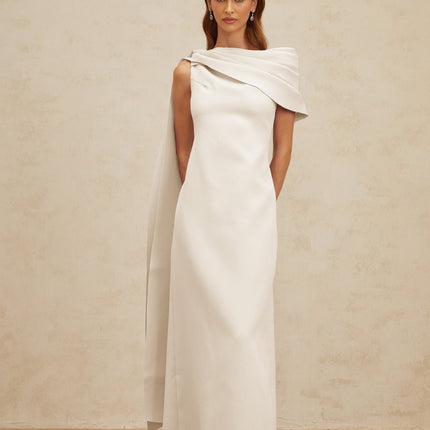 Beppina Maxi Dress in White with One-Shoulder Silhouette and Cape Design