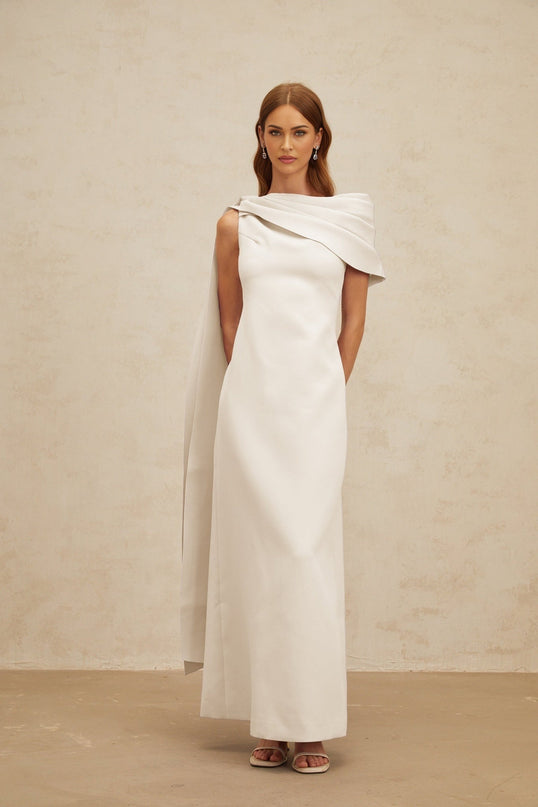Beppina Maxi Dress in White with One-Shoulder Silhouette and Cape Design