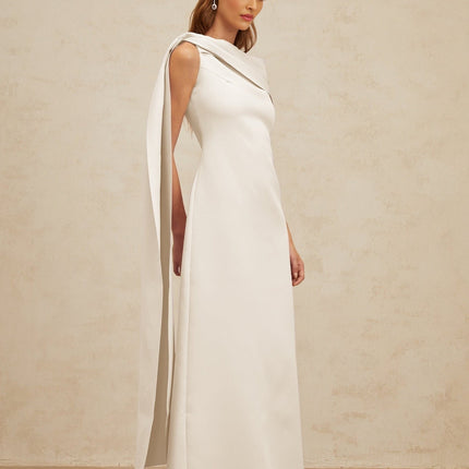 Beppina Maxi Dress in White with One-Shoulder Silhouette and Cape Design