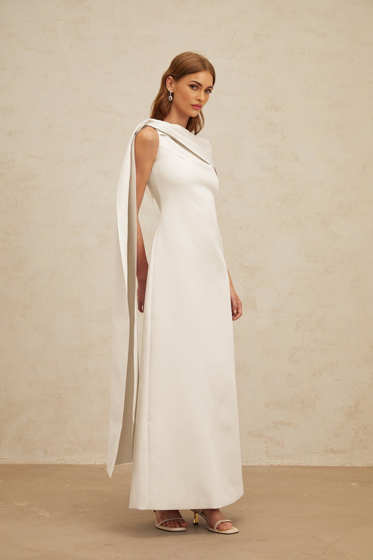 Beppina Maxi Dress in White with One-Shoulder Silhouette and Cape Design