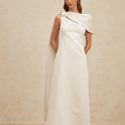 Beppina Maxi Dress White One Shoulder Cape Ruched Fitted Waistline Rear Slit Zip Fastening Sleeveless Elegant Glamour
