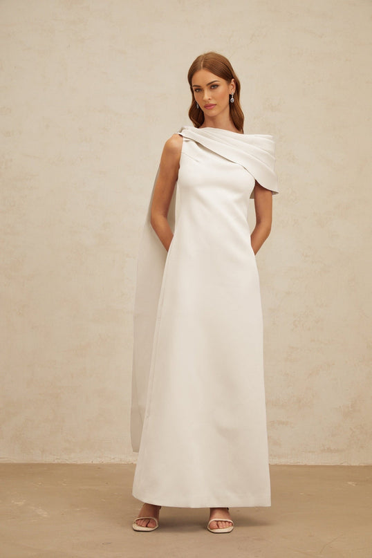 Beppina Maxi Dress White One Shoulder Cape Ruched Fitted Waistline Rear Slit Zip Fastening Sleeveless Elegant Glamour
