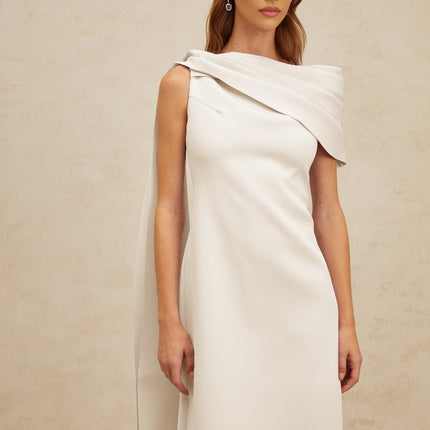 Beppina Maxi Dress White One-Shoulder Cape Ruched Detailing Rear Slit Sleeveless Elegant Glamour