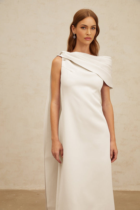 Beppina Maxi Dress White One-Shoulder Cape Ruched Detailing Rear Slit Sleeveless Elegant Glamour