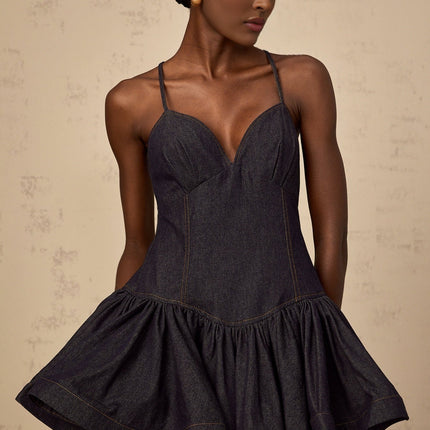 Beppina Mini Dress Dark Blue Women's Sleeveless V-Neck Denim Flounce Hem Cross-Over Straps