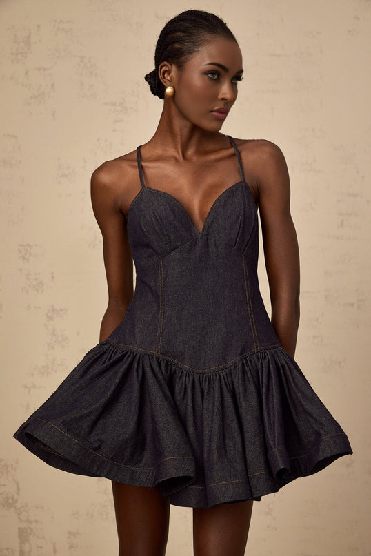 Beppina Mini Dress Dark Blue Women's Sleeveless V-Neck Denim Flounce Hem Cross-Over Straps