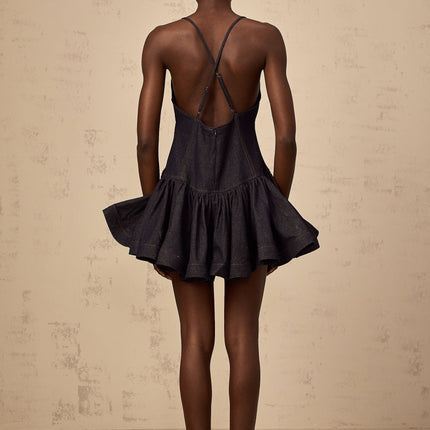 Beppina Dark Blue Mini Dress V-neck Flounce Hem Denim Fabric Cross-over Straps Sleeveless
