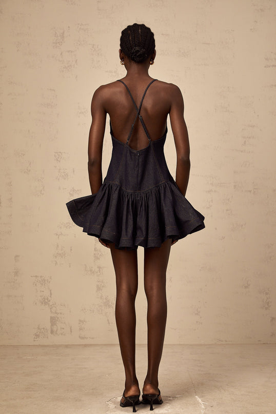 Beppina Dark Blue Mini Dress V-neck Flounce Hem Denim Fabric Cross-over Straps Sleeveless