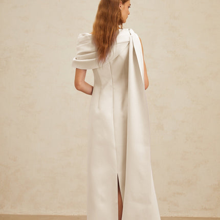Beppina White One-Shoulder Maxi Dress with Cape Design and Ruched Detailing