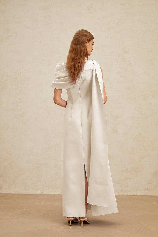 Beppina White One-Shoulder Maxi Dress with Cape Design and Ruched Detailing