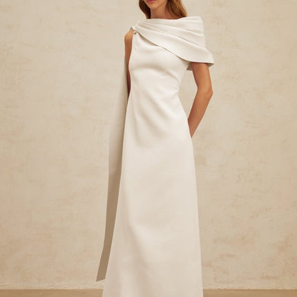Beppina White Maxi Dress One Shoulder Cape Ruched Waistline Slit Zip Fastening Sleeveless Elegant Glamour