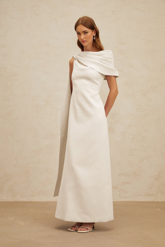 Beppina White Maxi Dress One Shoulder Cape Ruched Waistline Slit Zip Fastening Sleeveless Elegant Glamour