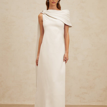 Beppina White One-Shoulder Maxi Dress with Cape Design