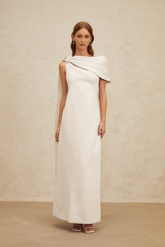 Beppina White One-Shoulder Maxi Dress with Cape Design