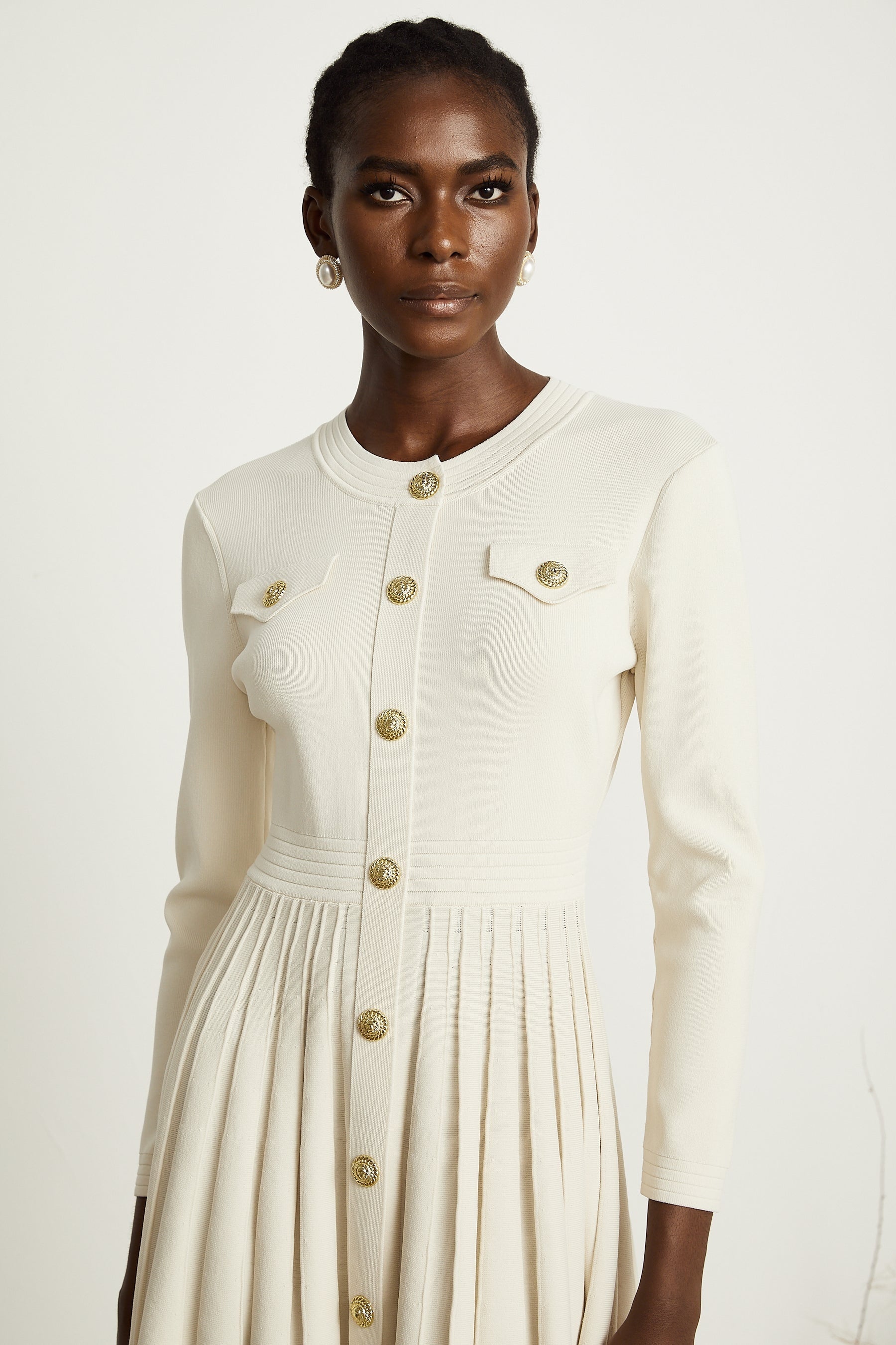 Bérengère white knitted pleated mini dress