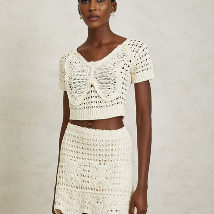 Bérénice Cream White Bowknot Knit Top