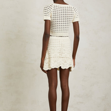 Bérénice Cream White Bowknot Knit Top crochet knit detail butterfly jacquard pattern ribbed hem cropped top